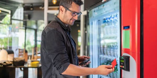 A man either using or operating a vending machine, possibly a customer or possibly the operator