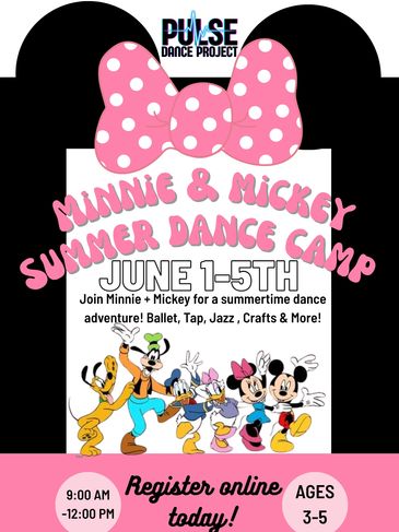 Minnie &amp; Mickey Summer Dance Camp poster with Disney characters and registration info.