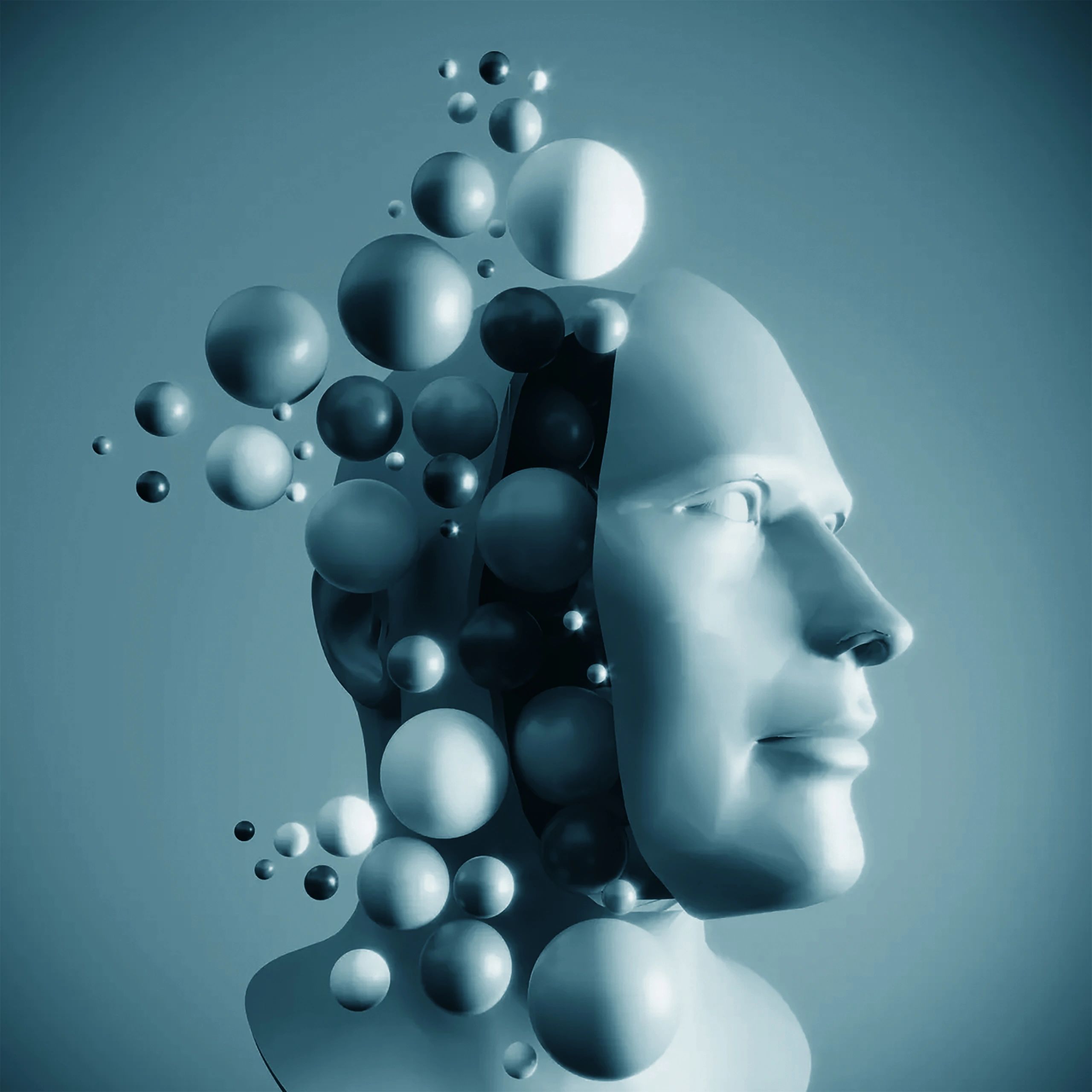 Abstract human head with floating spheres representing thoughts or consciousness.