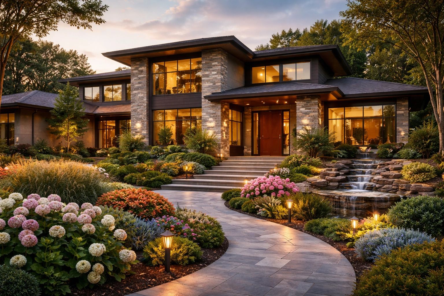 Stunning high-end home exterior with strong curb appeal in Beavercreek, Ohio.