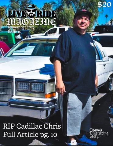 Man stands next to classic white Cadillac on magazine cover.