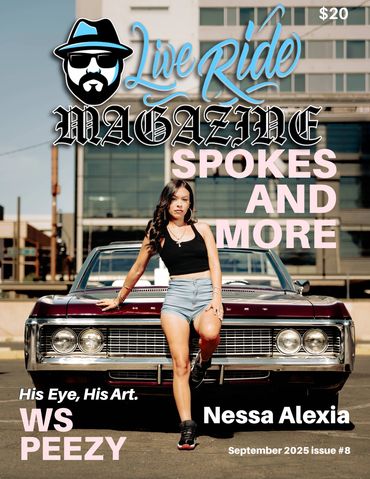 Woman posing in front of classic car on magazine cover.