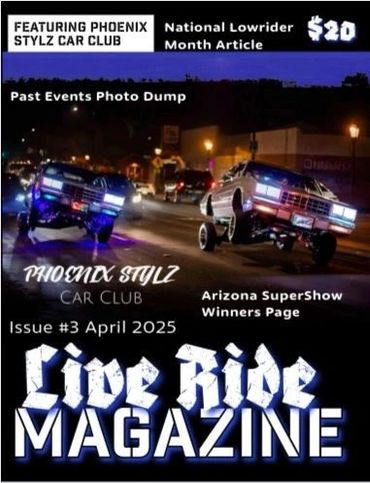 Magazine cover featuring Phoenix Stylz Car Club with lowrider cars.