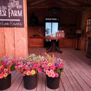 Buckets of colorful flowers on a wooden porch.