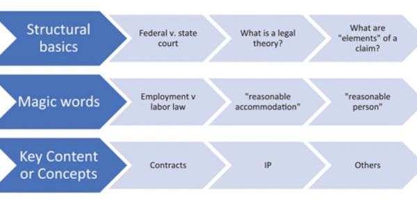 Flowchart showing legal study topics including structural basics, magic words, and key concepts.