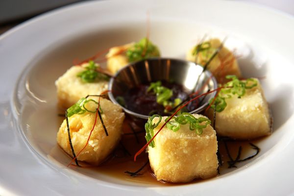 Chilli tofu bites with Korean glaze dipping sauce.