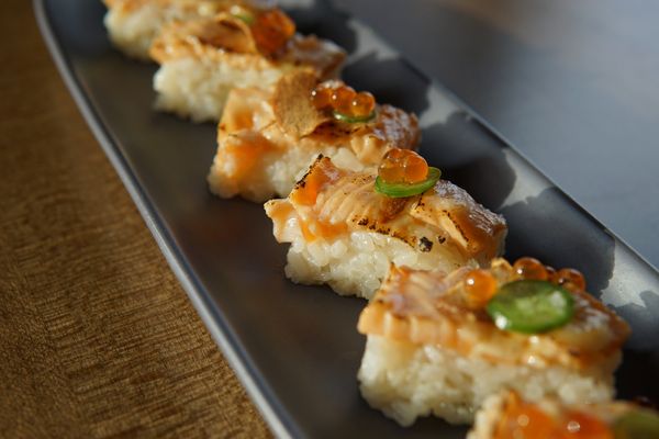 Salmon aburi with sake marinated ikura.