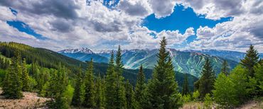 Aspen landmark in Colorado USA. Pine trees view. Panoramic landscape. Aspen photography 