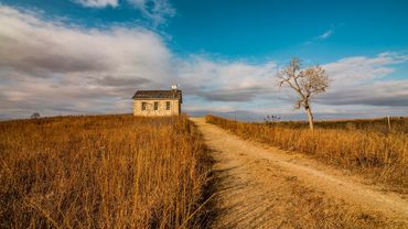 Historic building of a school on the Kansas Prairie. Prairie, Tall grass prairie, picture taken in f