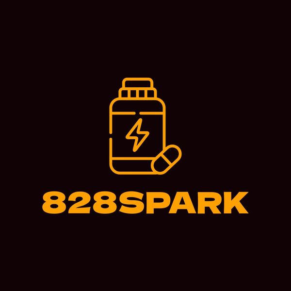 Orange supplement bottle and capsule logo with text 828SPARK on black background.