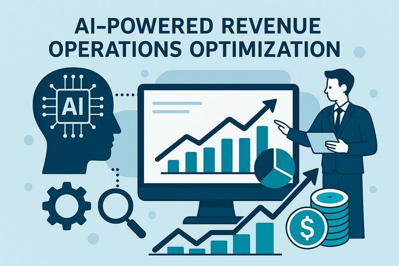Illustration of AI-driven revenue growth and optimization with charts, graphs, and a businessperson.