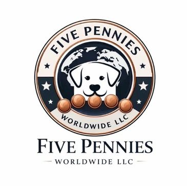 Logo of Five Pennies Worldwide LLC with a dog and five pennies.