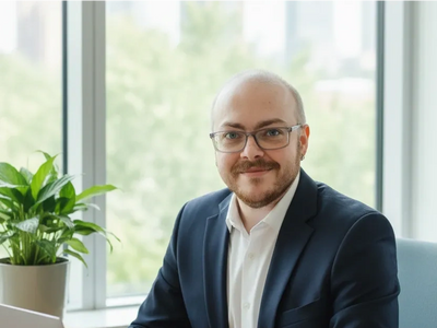 Man in glasses and suit smiling indoors near a window with plants.