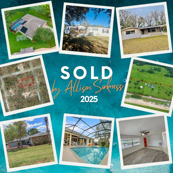 Collage of sold properties by Allison Sorhness in 2025, featuring homes and land.