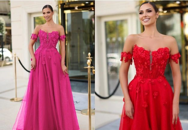 Woman wearing elegant off-shoulder gowns in pink and red with floral details.