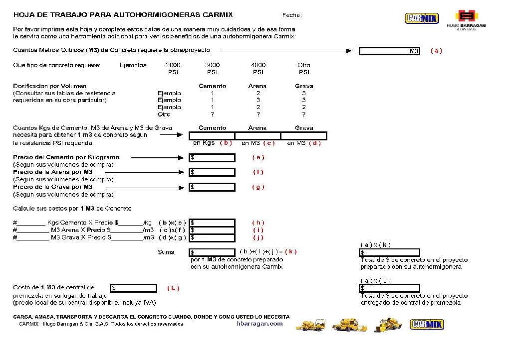 Hoja de Trabajo para Autohormigoneras CARMIX