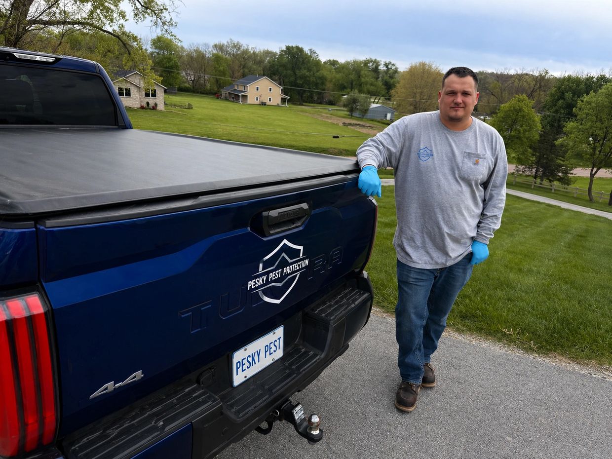 Man stands beside a blue truck with 'Pesky Pest Protection' logo and license plate.
