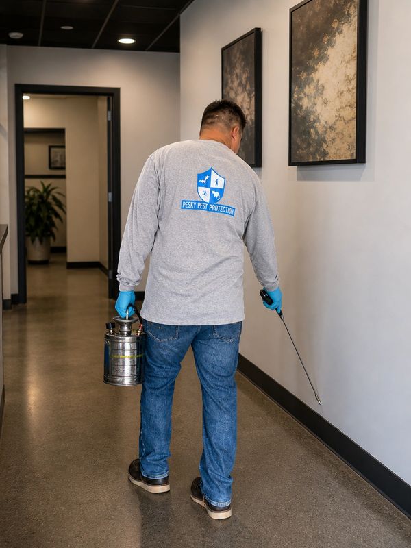 Pest control worker sprays for pests inside a building hallway.