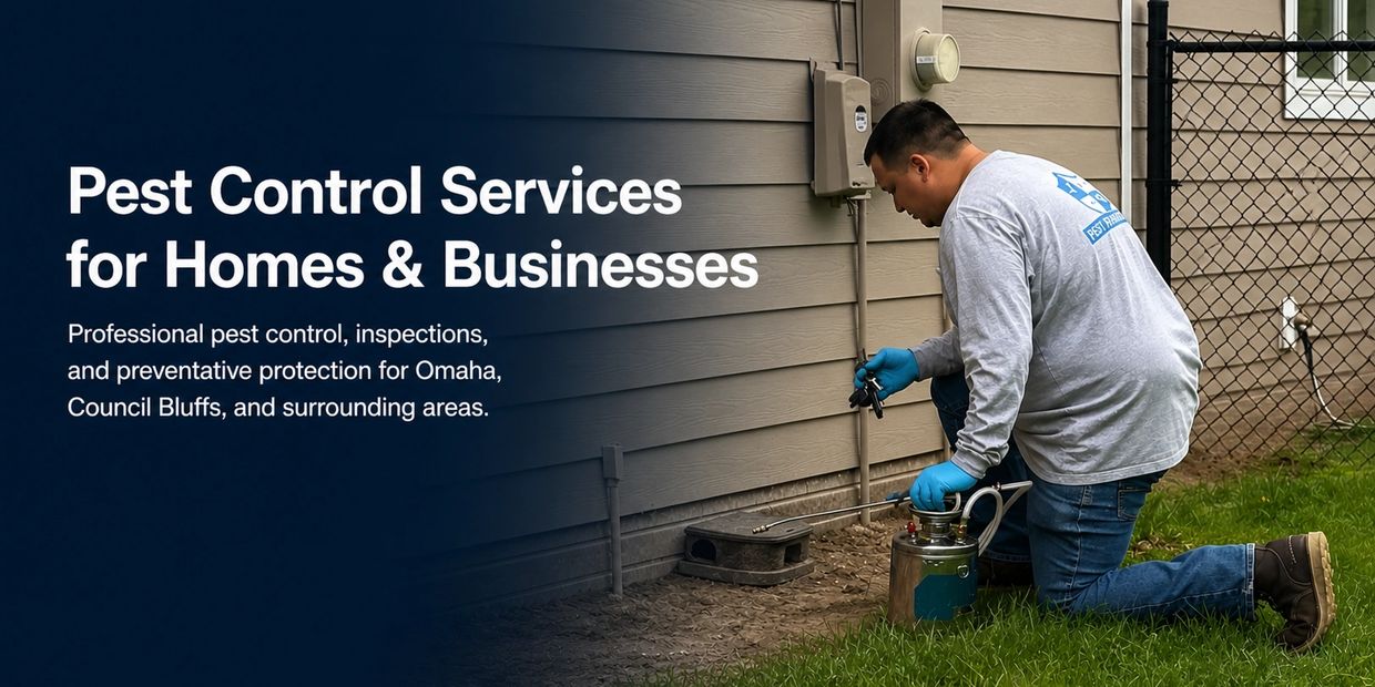 Pest control technician inspecting a home exterior for pest prevention.
