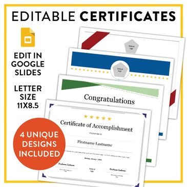 EDITABLE certificates: 4 different files for any grade or subject.