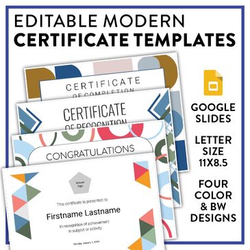 Editable Modern Design Certificates. Four Designs in Color & Grayscale.