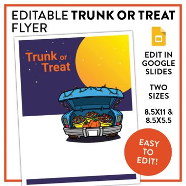 Promote your next Truck-or-Treat event! It comes in two sizes and can be edited in Google Slides.