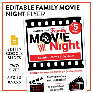 Host a family movie night at your school! Use this editable flyer to announce the details.