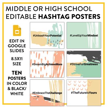 Ten hashtag posters for middle school or high school. Motivational, Growth Mindset