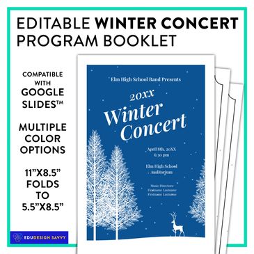 This winter-themed concert program template is fully editable and includes multiple cover options.