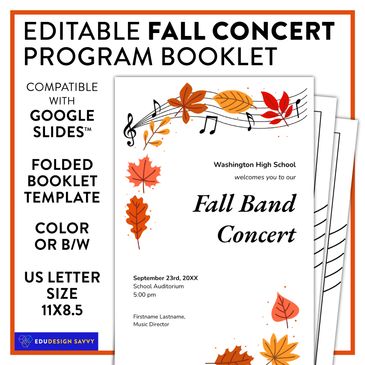 Make a four or 8+ page fall themed music program booklet for your next band, chorus or orchestra con