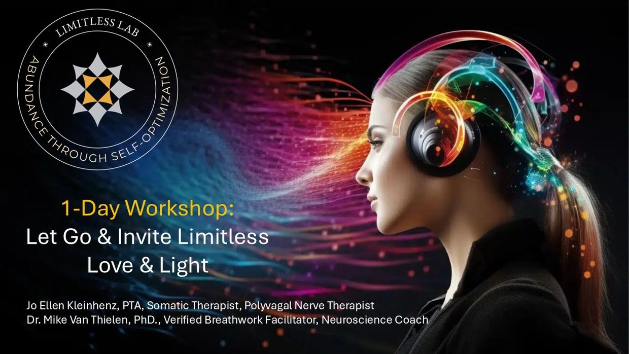 Woman with headphones and colorful neural waves in 1-day workshop ad.