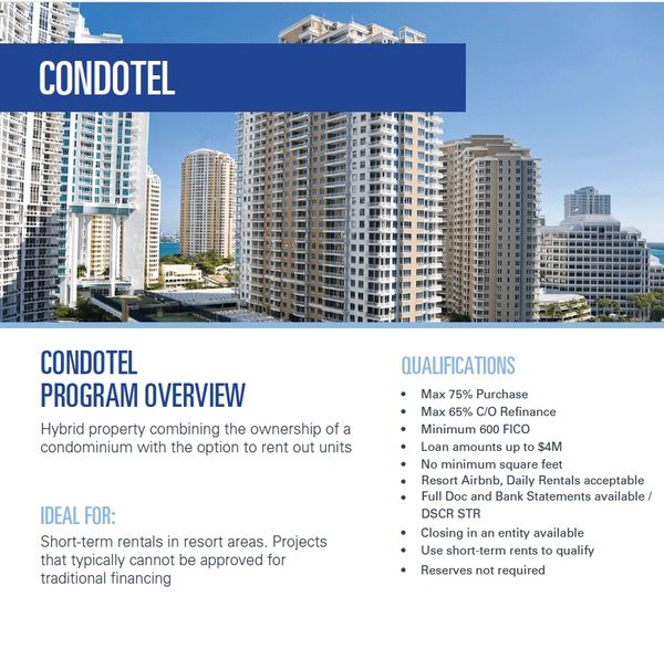 Overview of Condotel program for short-term rentals with specific qualifications and financing options.
