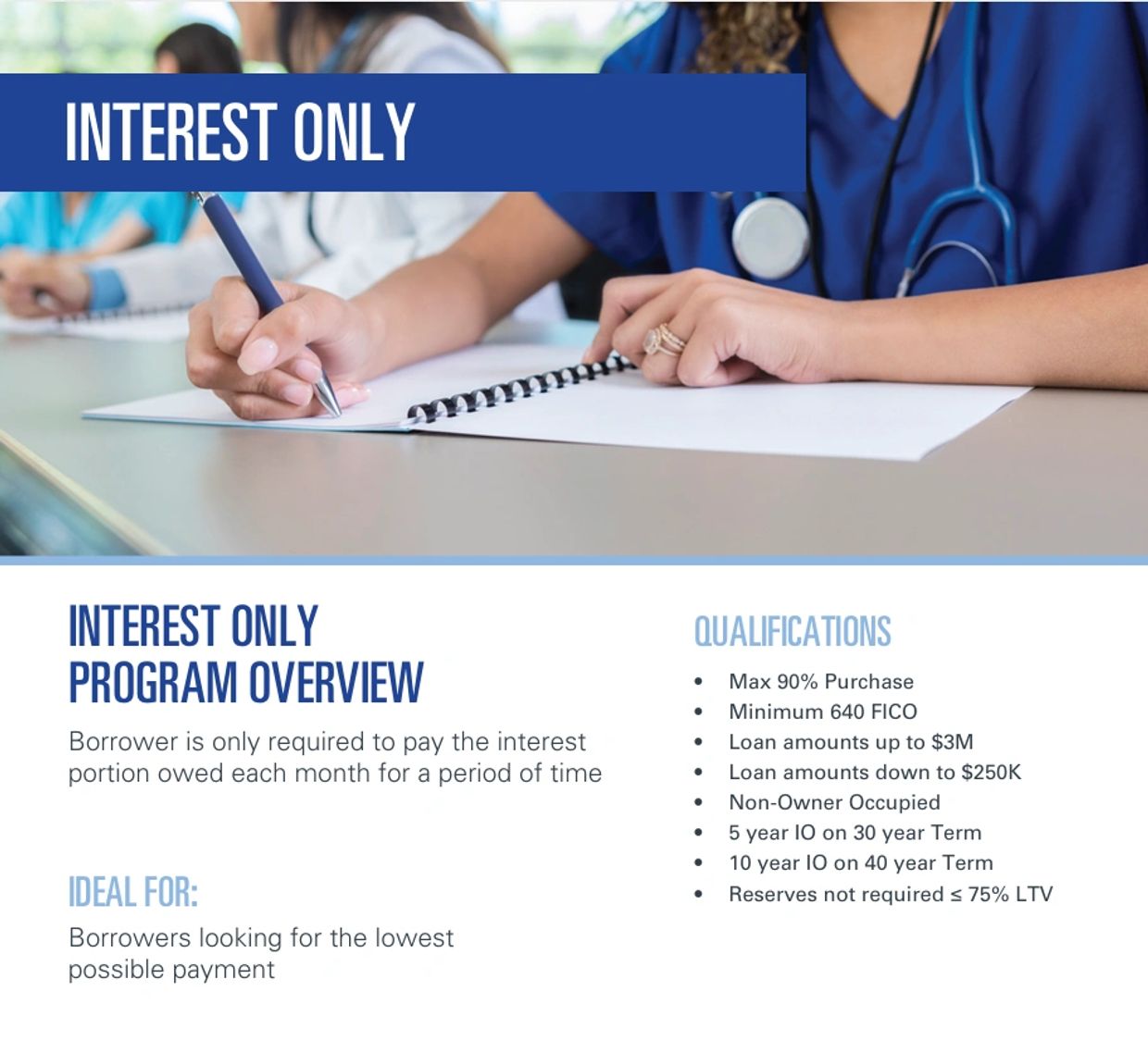 Medical professional writing notes, highlighting an interest-only loan program overview.Non-QM Investor Loans for Real Estate interest-only loans
investor loans
non-QM loans
