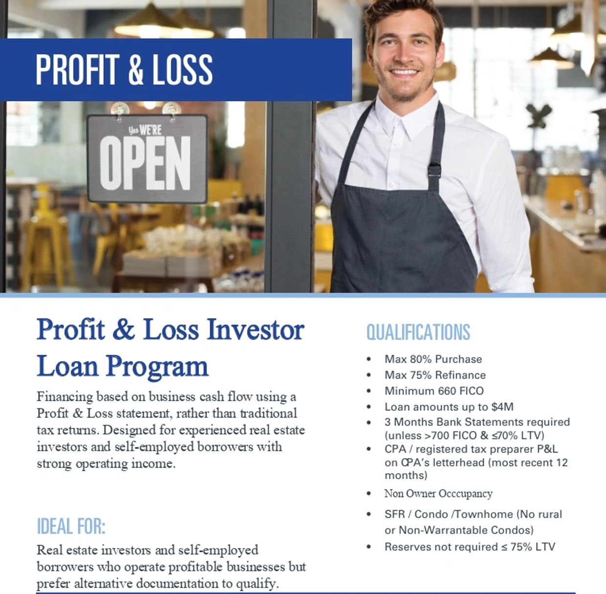 Smiling man in apron with business loan program details for profit and loss investors.Non-QM Investor Loans for Real Estate
