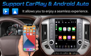 Car dashboard with smartphone connected, supporting CarPlay and Android Auto.
