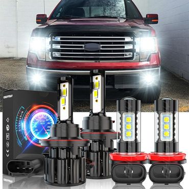 Bright LED headlights and fog lights on a red truck with LED bulb sets.