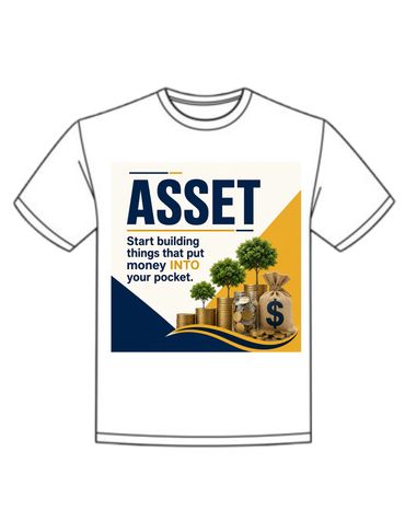 A minimalist white T-shirt featuring the bold, printed text "ASSET." A sleek, high-contrast design t