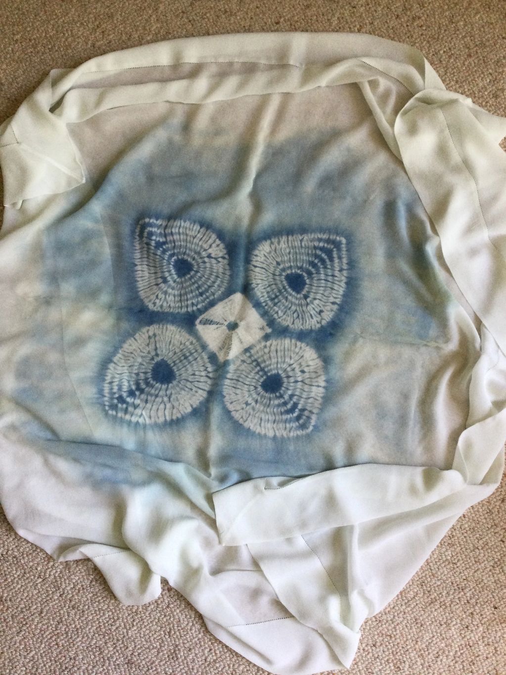 Square silk scarf using stitched pattern and natural indigo dye