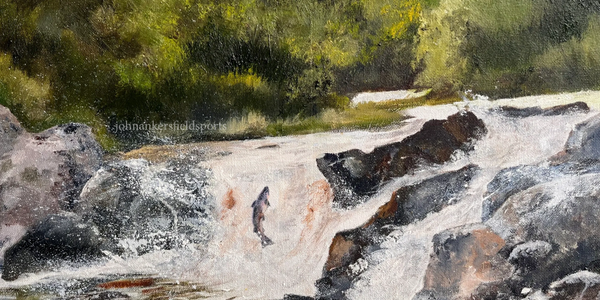 A painting of a fish jumping upstream in a rocky waterfall surrounded by greenery.