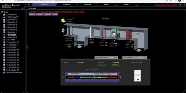HVAC control system interface showing parameter differences and system status.