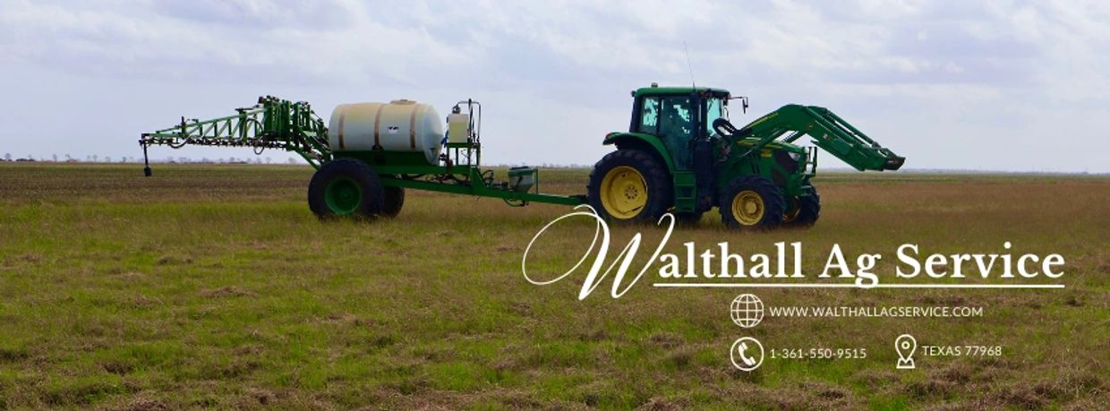 Green tractor with agricultural equipment in a field, Walthall Ag Service branding.
