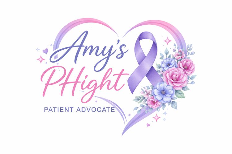 Logo for Amy's PHight patient advocate with heart, purple ribbon, and floral design.