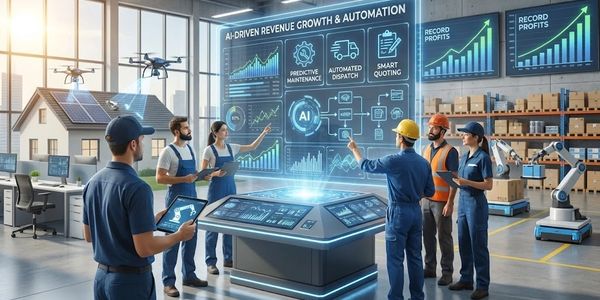 Team using AI technology for revenue growth and automation in a modern warehouse.