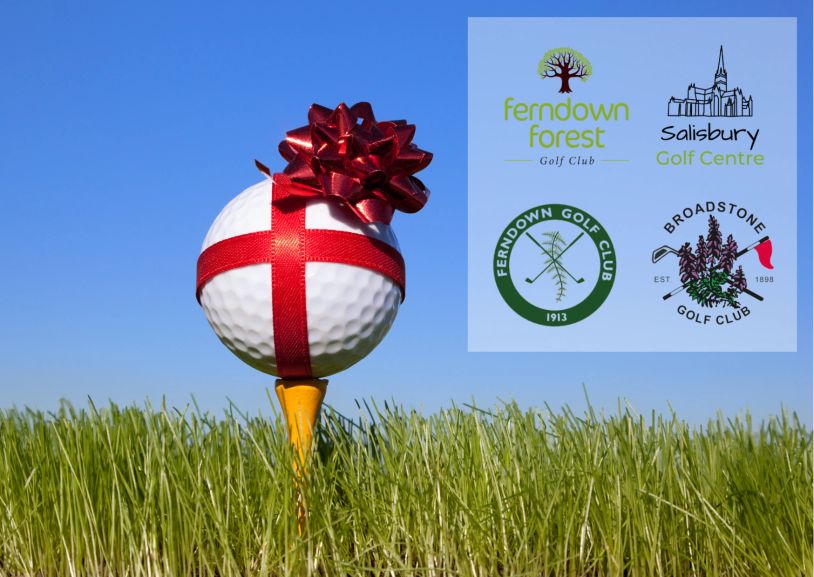 Golf ball with a red ribbon on a tee, logos of four golf clubs in the corner.