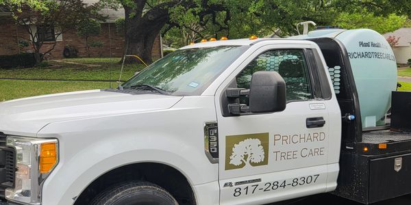 White truck with Prichard Tree Care logo and phone number parked outdoors.