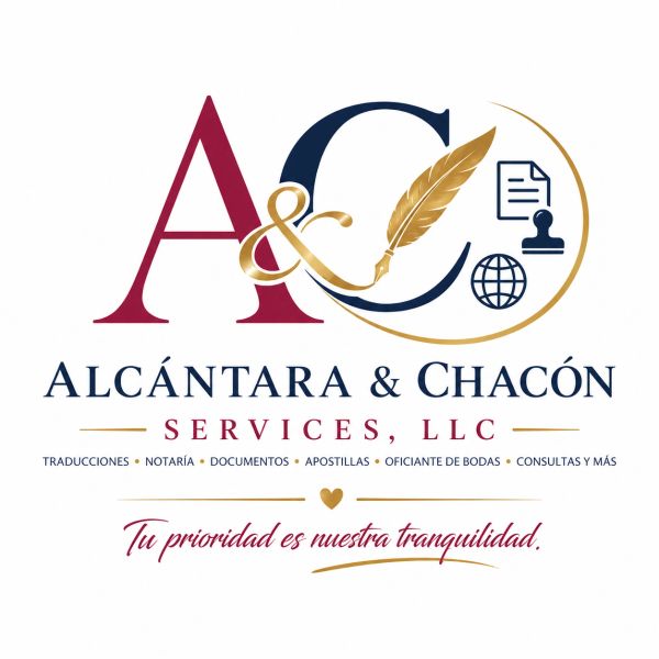 Logo of Alcántara &amp; Chacón Services, LLC offering translation and notary services.