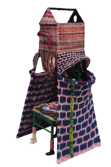 Steel, wool, cotton, jute, hemp, sisal, nylon, logwood, oxalis, madder root, and  indigo
3'x 3' x 5'