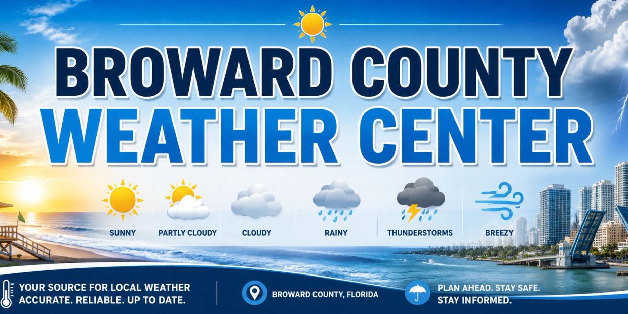 Broward County Weather Center with weather icons and advice.