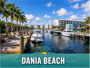 Boats docked along a sunny waterfront in Dania Beach.