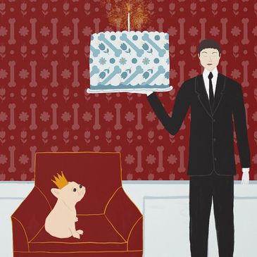 French Bulldog blowing out a birthday candle on a large cake served by a butler - Michelle Ingari